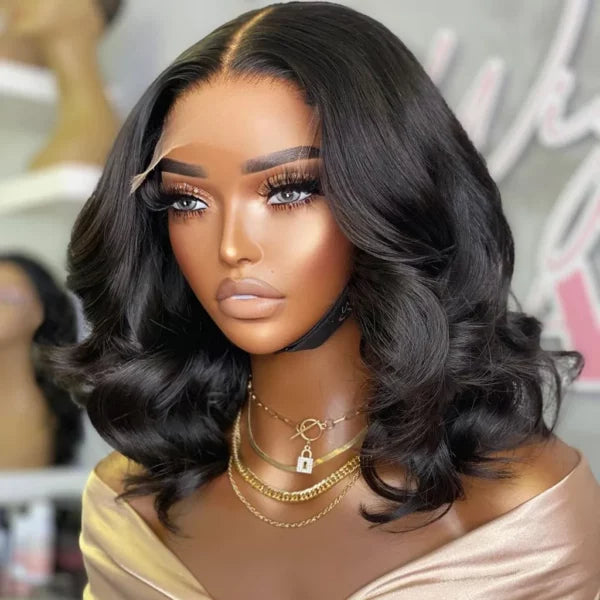 Glueless Short Loose Body Wave Bob Wig Pre-Cut 6×5 Lace Closure Wig Shoulder Length Bleached Knots