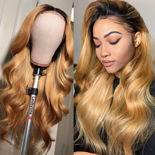 13x4 Colored Lace Front Human Hair Wigs Ombre 1b/27 Honey Blonde HD Body Wave Highlight Wig