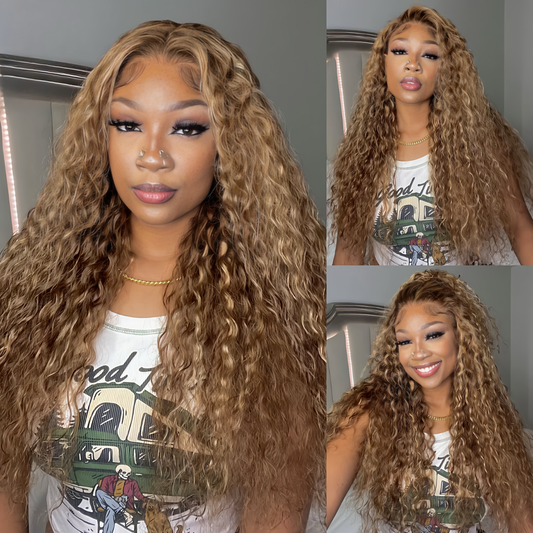 Water Wave Wig Honey Blonde Highlight Pre Cut Lace Wig Human Hair Lace Closure Put On And Go Glueless Wig
