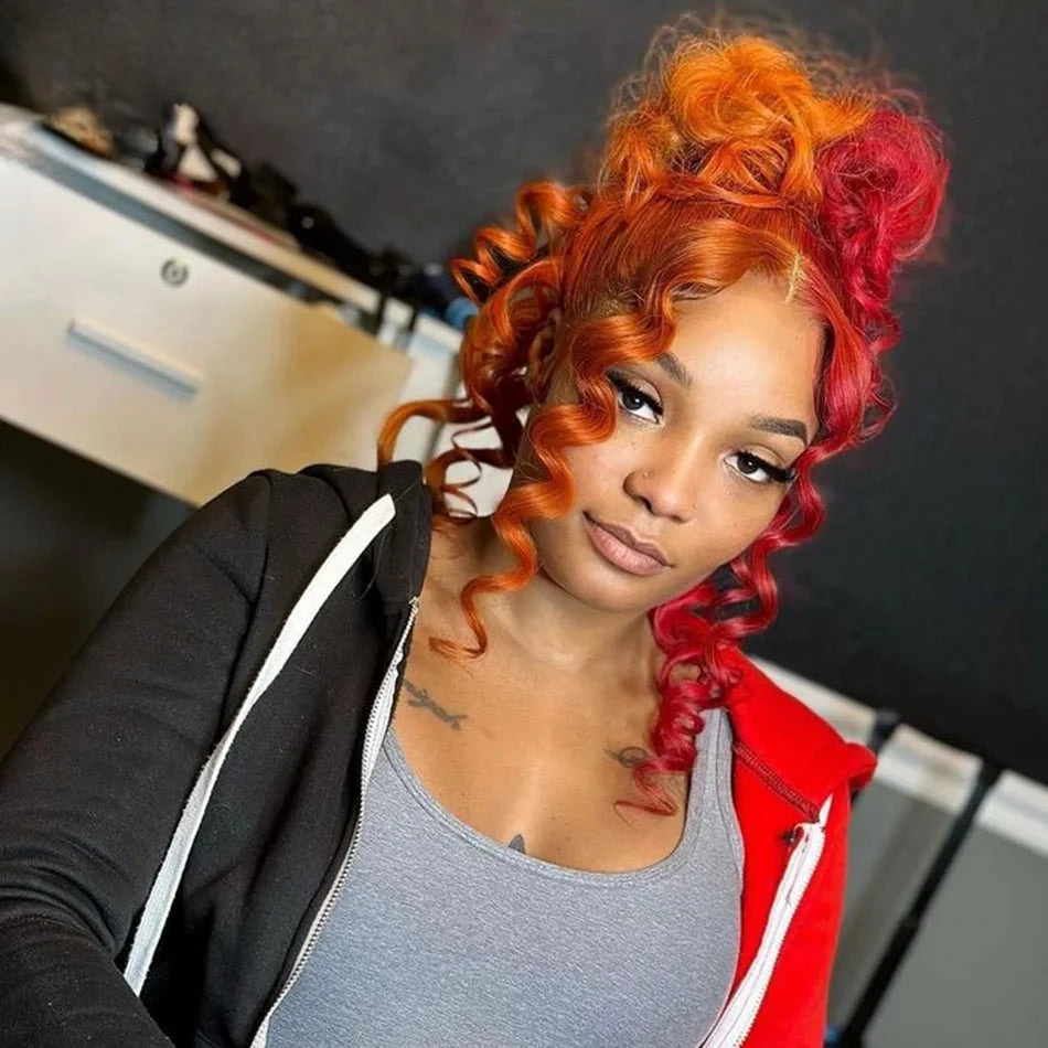 Half Color Orange Red Curly 5x5 Transparent Lace Wig 13x4 Lace Front Wig Remy Human Hair 13x6 Lace Front Wig Pre-Plucked