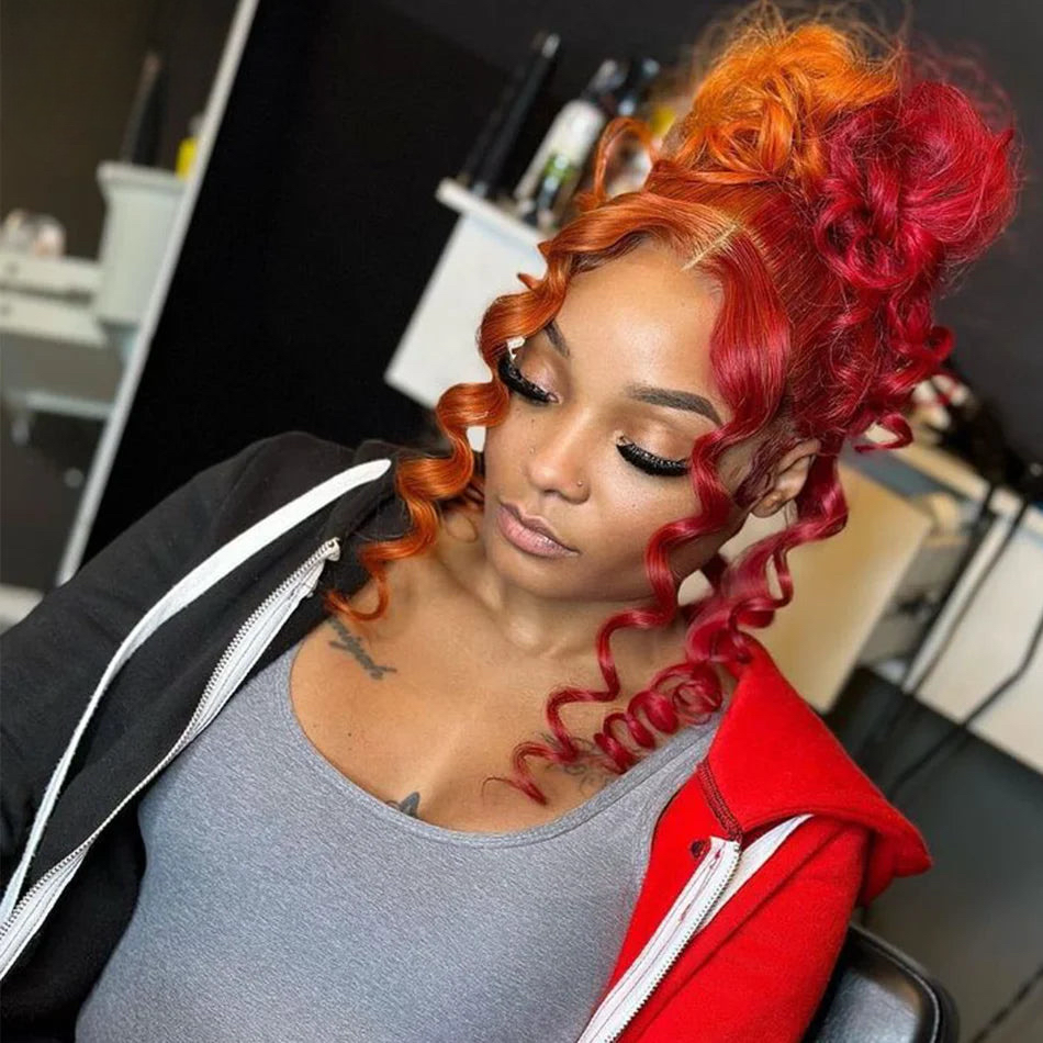 Half Color Orange Red Curly 5x5 Transparent Lace Wig 13x4 Lace Front Wig Remy Human Hair 13x6 Lace Front Wig Pre-Plucked