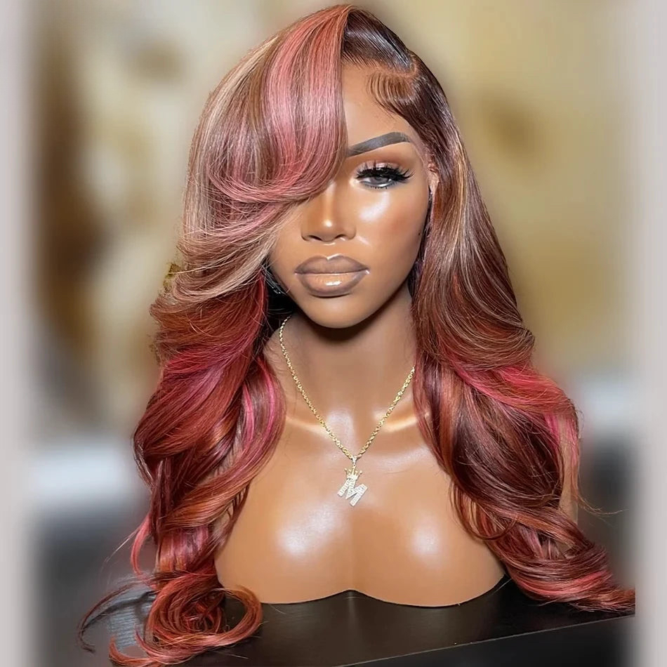 Pink Brown Neapolitan Colored Brazilian Body Wave 13x4 13x6 Lace Frontal Wigs Human Hair Pre-Plucked 5x5 Closure Human Hair Wig