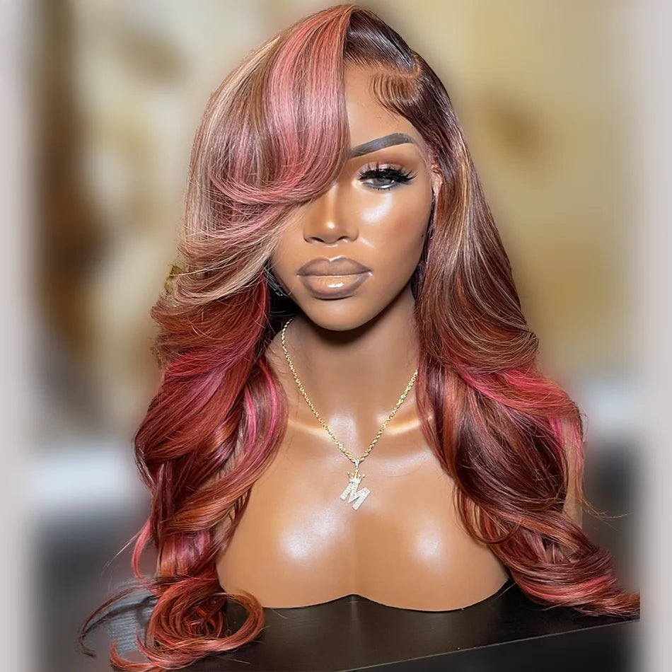 Pink Brown Neapolitan Colored Brazilian Body Wave 13x4 13x6 Lace Frontal Wigs Human Hair Pre-Plucked 5x5 Closure Human Hair Wig