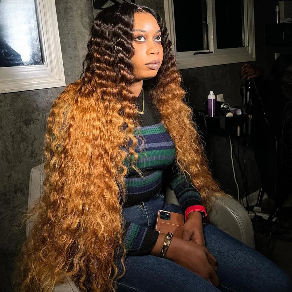 Honey Brown Omber 200% Curly Wave 13x6 Lace Front Wigs Human Hair Deep Wave 13x4 Lace Frontal Human Hair Wigs