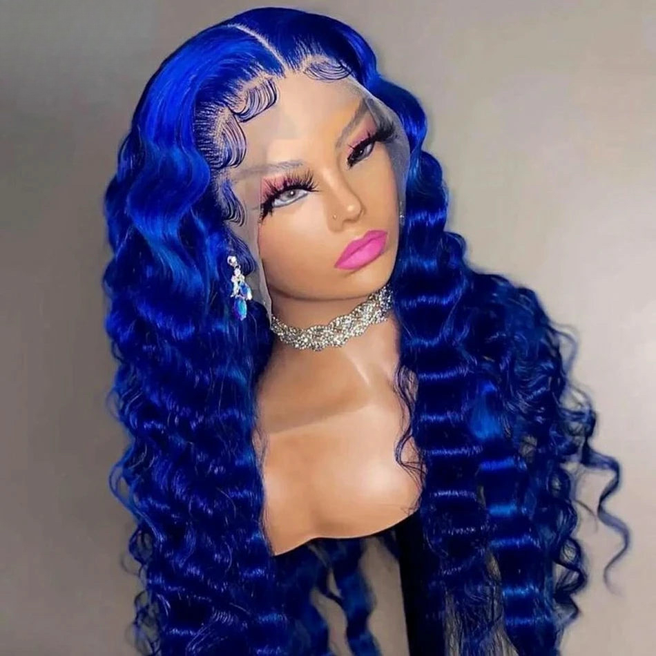Gemstone Blue Colored 12A Deep Wave 13x4 13x6 Lace Frontal Human Hair Wig Pre Plucked Brazilian Remy 5x5 Lace Closure Wigs