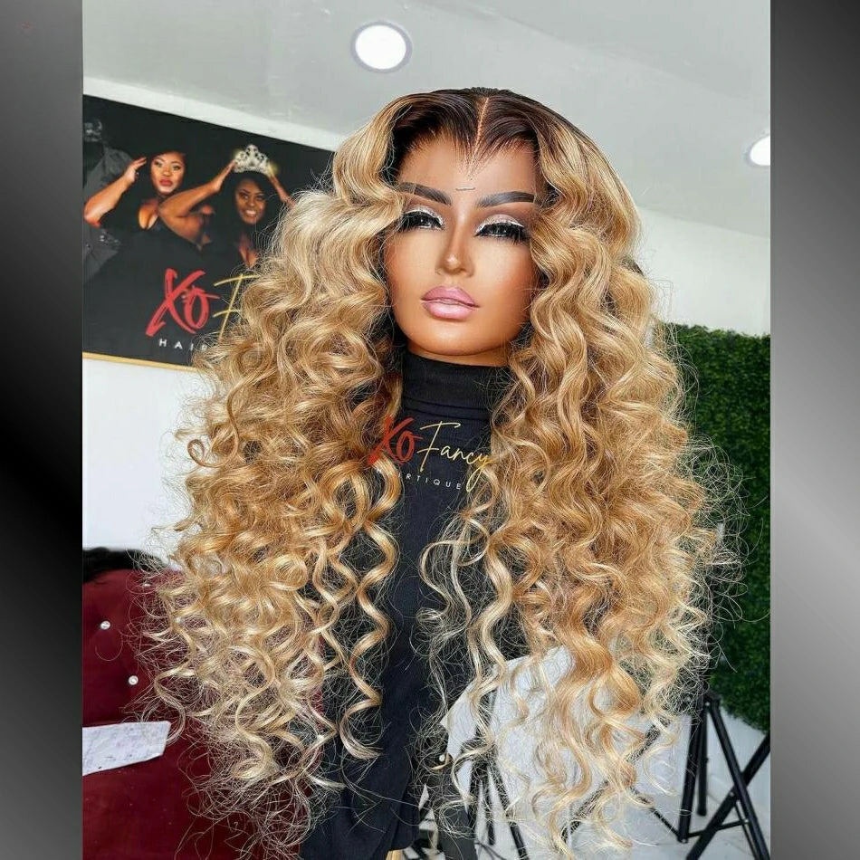 Honey Blond Dark Root Colored Loose Wave 13x4 13x6 Lace Frontal Human Hair Wig Pre-Plucked Brazilian Remy 5x5 Lace Closure Wigs