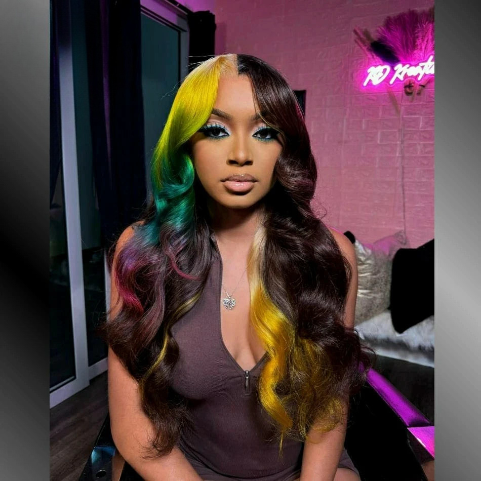 Multicolor Yellow Green Colored Body Wave 13x4 Lace Front Human Hair Wigs Pre-Plucked Lace Closure Wigs