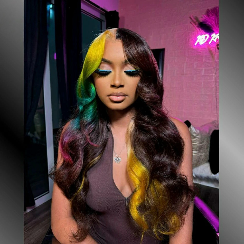 Multicolor Yellow Green Colored Body Wave 13x4 Lace Front Human Hair Wigs Pre-Plucked Lace Closure Wigs