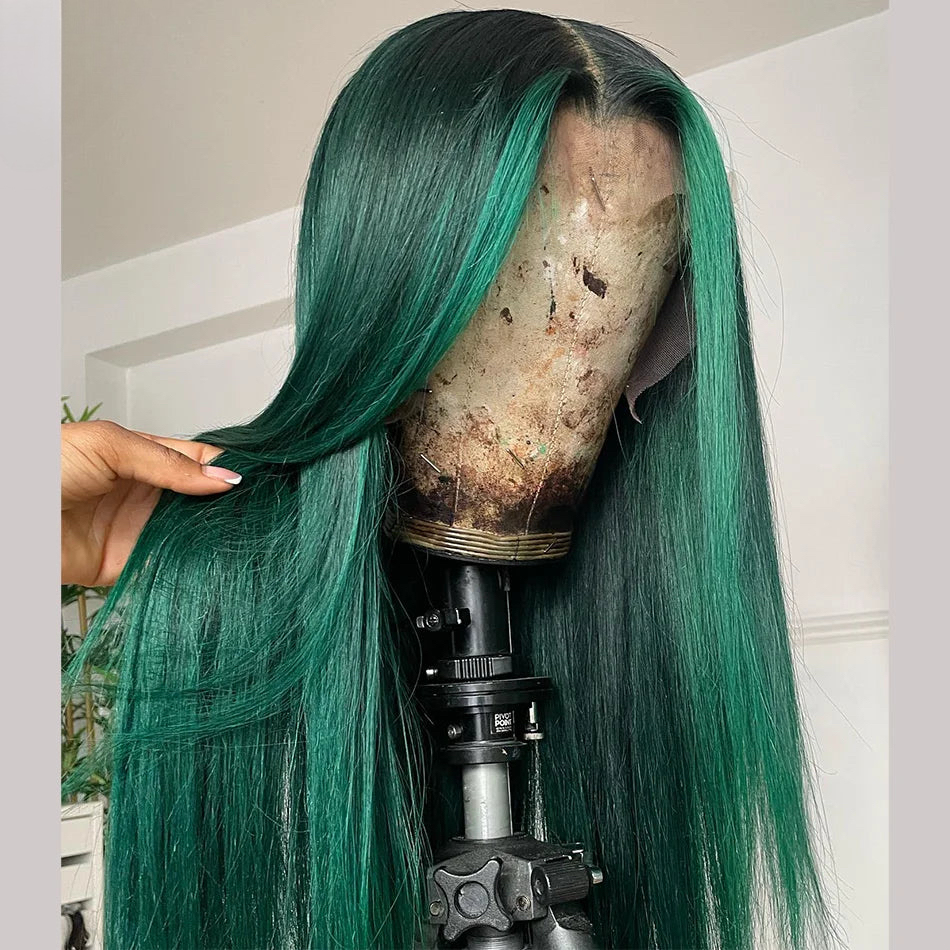 Highlight Emerald Green Colored 200% Bone Straight 13x4 13x6 Lace Frontal Wigs Human Hair Pre-Plucked 5x5 Closure Wigs