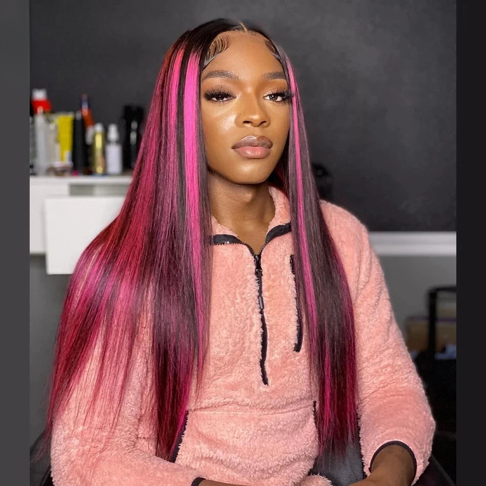 Pink Highlight 13x6 Lace Front Wig Pre-Plucked Body Wave Colored Human Hair Wigs Transparent Peruvian Remy Hair