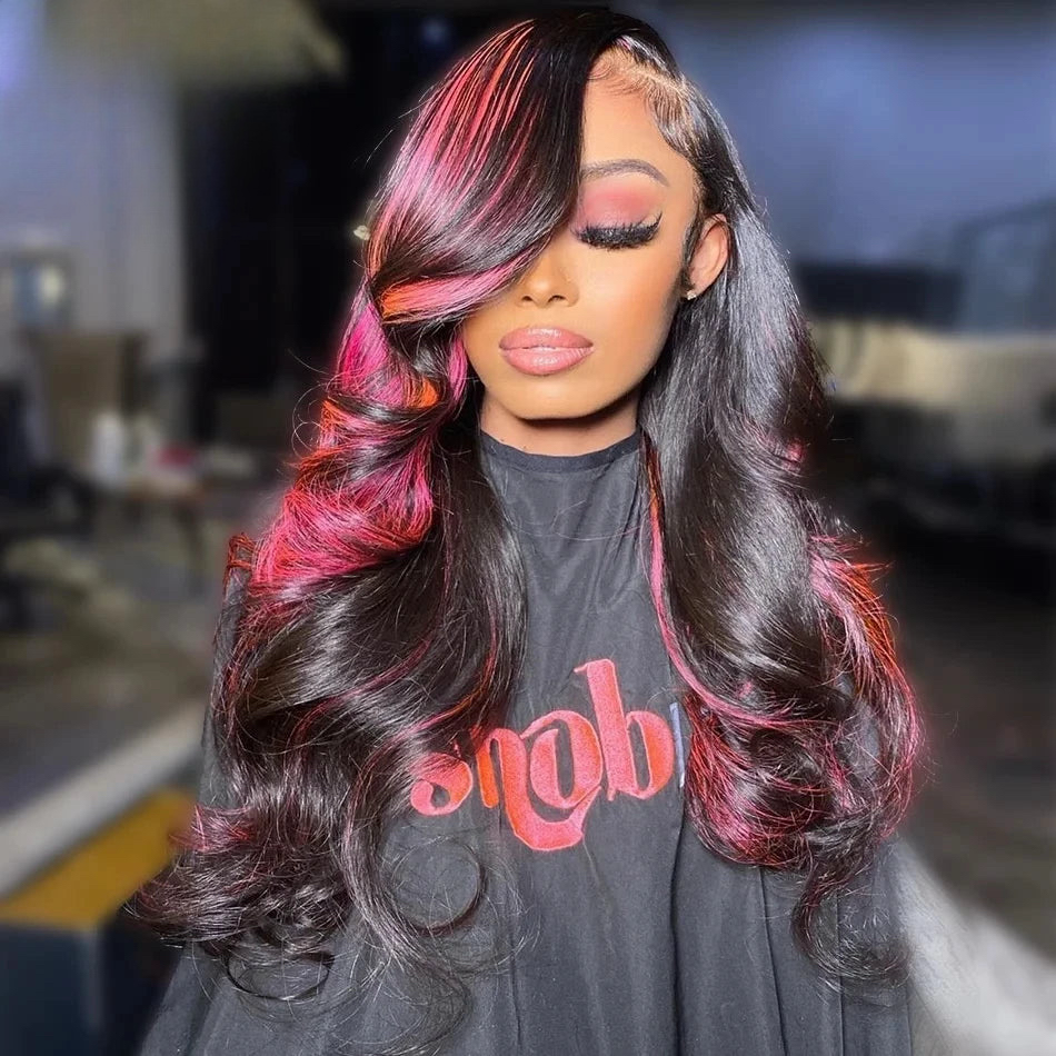 Pink Highlight 13x6 Lace Front Wig Pre-Plucked Body Wave Colored Human Hair Wigs Transparent Peruvian Remy Hair