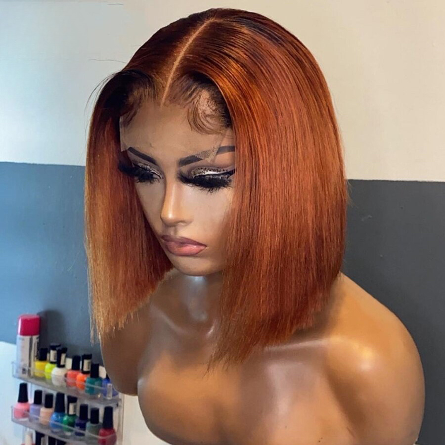 Eva Ginger Orange Lace Front Wig Bone Straight Human Hair Wig 13x4 Pixie Cut Short Bob Wig