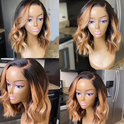 Ombre Blonde Lace Front Wig Human Hair Highlight Wig Wet And Wavy Bob 4x4 Closure Wig Short Curly Wig