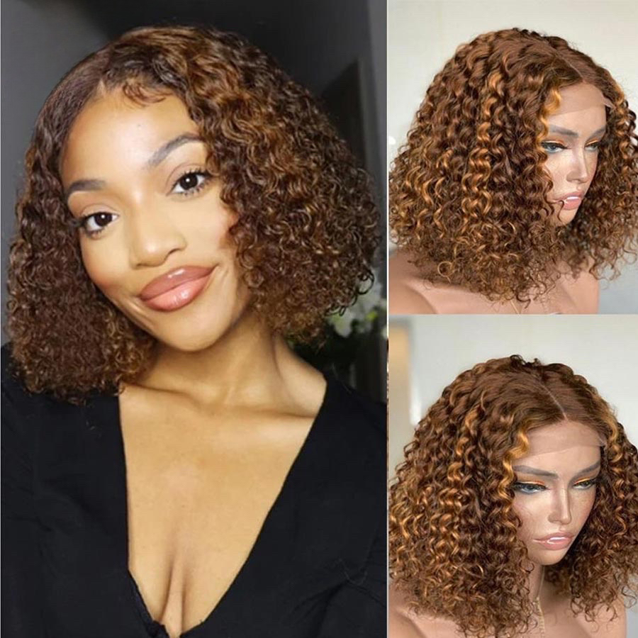 Highlight Wig 4x4 Closure Bob Wig Brown Colored Human Hair Wigs Short Ombre Curly Transparent Lace Frontal Wigs