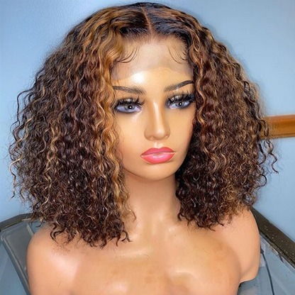 Highlight Wig 4x4 Closure Bob Wig Brown Colored Human Hair Wigs Short Ombre Curly Transparent Lace Frontal Wigs
