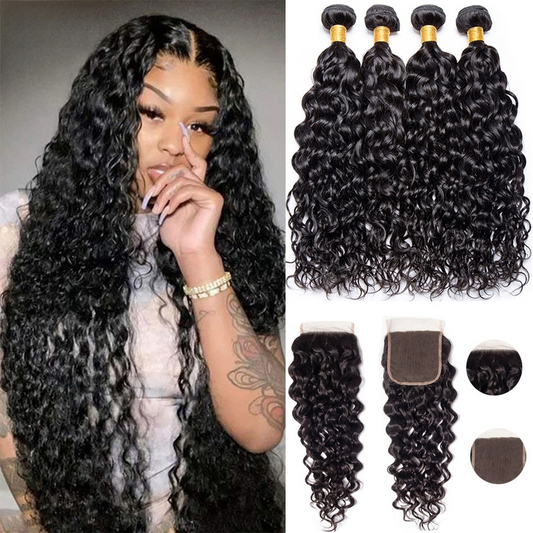 Malaysian Water Wave Bundles with Closure Wet and Wavy Curly Human Hair Bundles with Closure 4x4 Lace Remy Hair Extensions