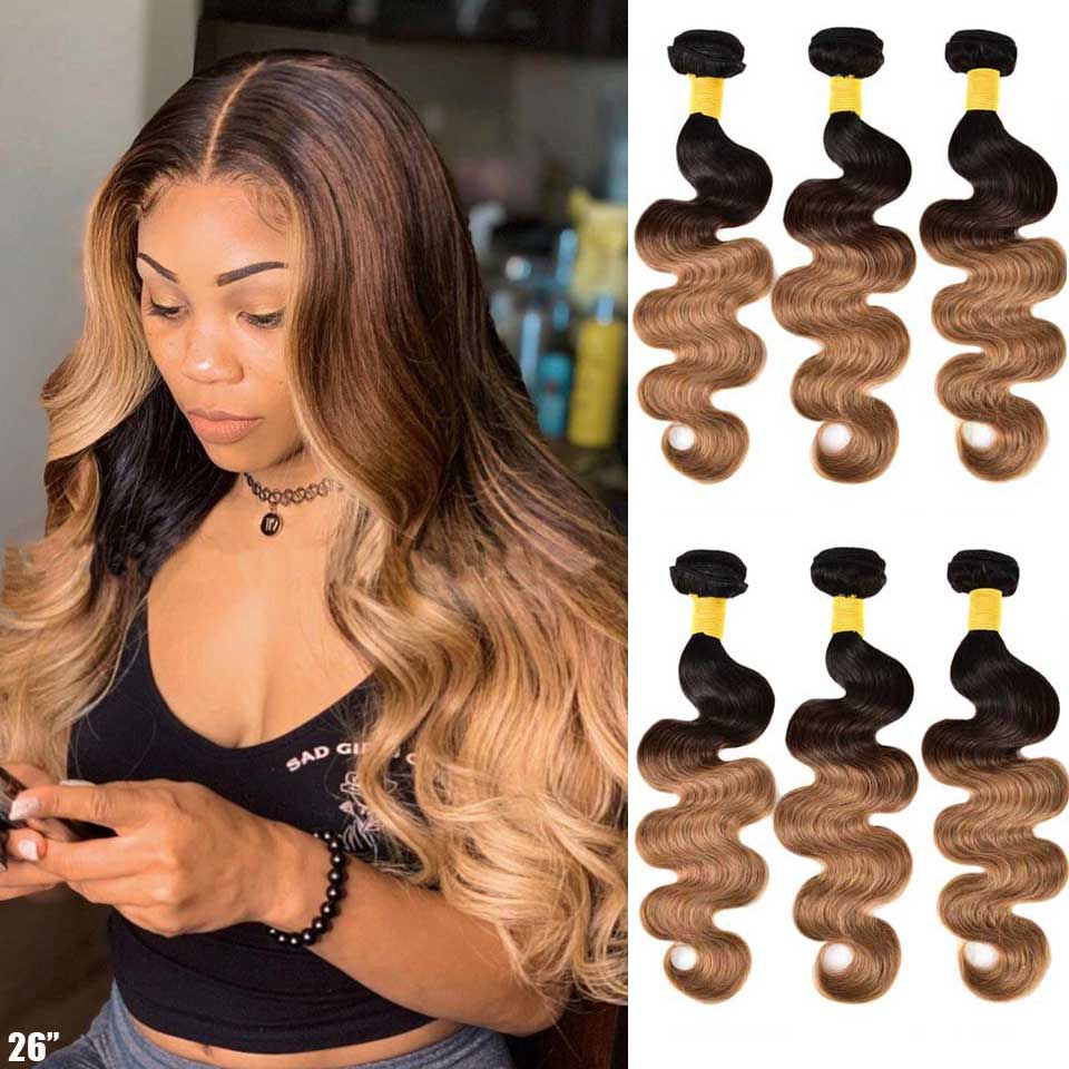 Mechones con ondas corporales ombré, extensiones de pelo ondulado brasileño, extensiones de cabello humano con degradado, rubio miel, Remy, oferta de 3/4 extensiones de cabello humano