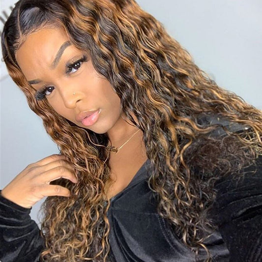 Highlight Lace Front Human Hair Wigs Ombre Curly Honey Blonde Pre-Plucked With Baby Hair