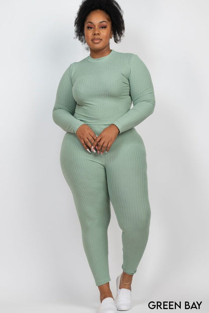 Plus Ribbed Mock Neck Long Sleeve Top&Leggings Set