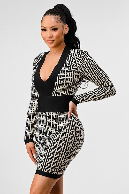 ATHINA BLACK AND WHITE PRINT BANDAGE DRESS