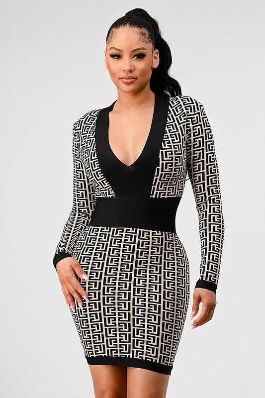 ATHINA BLACK AND WHITE PRINT BANDAGE DRESS