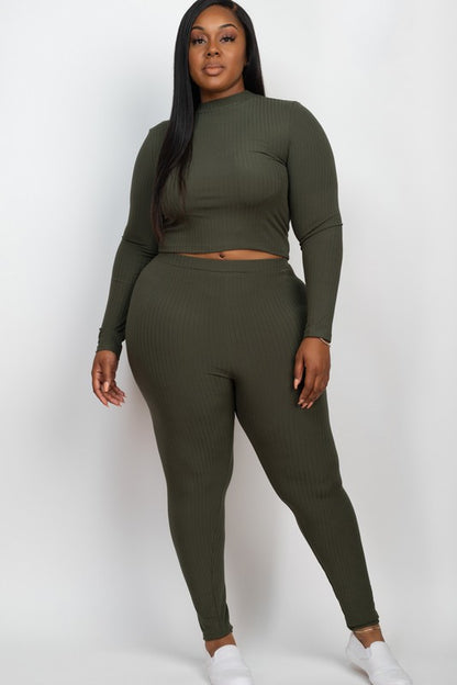 Plus Ribbed Mock Neck Long Sleeve Top&Leggings Set