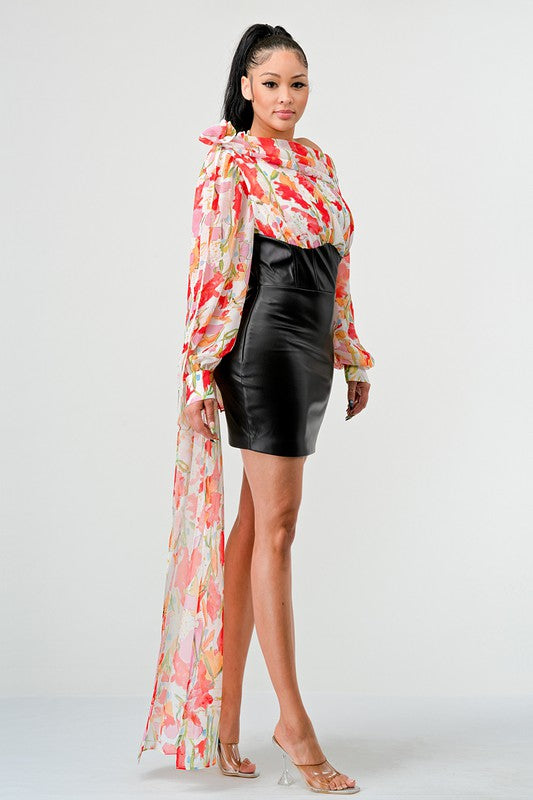 ATHINA FLORAL LEATHER MINI DRESS