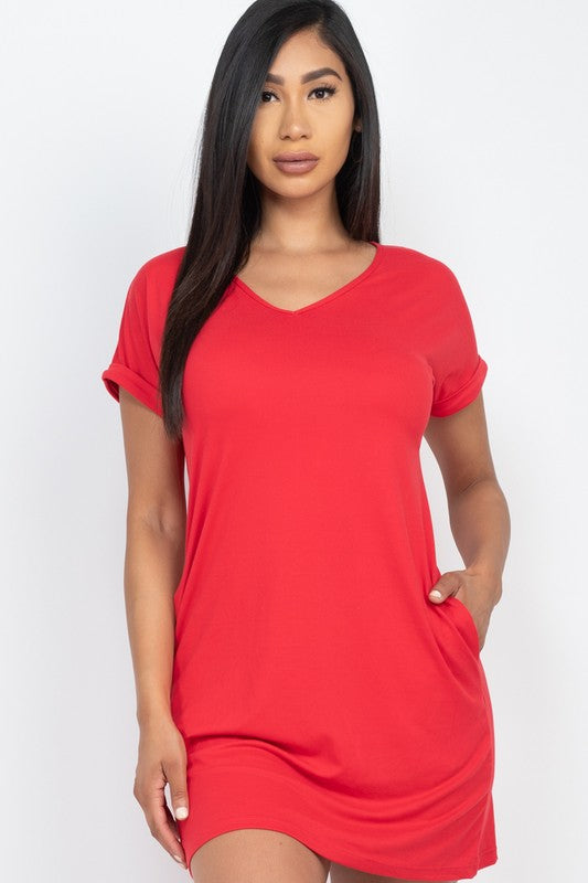 Short Cap Sleeve Pocket Mini T Shirt Dress