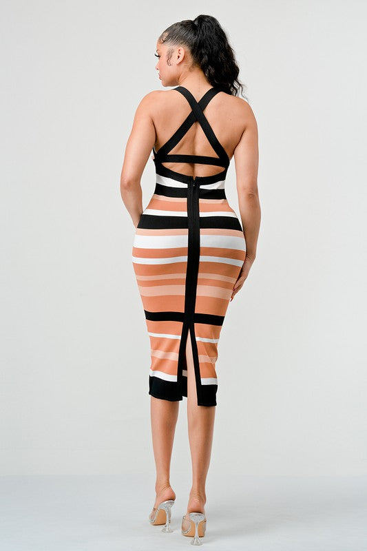 STRIPED BANDAGE MIDI DRESS