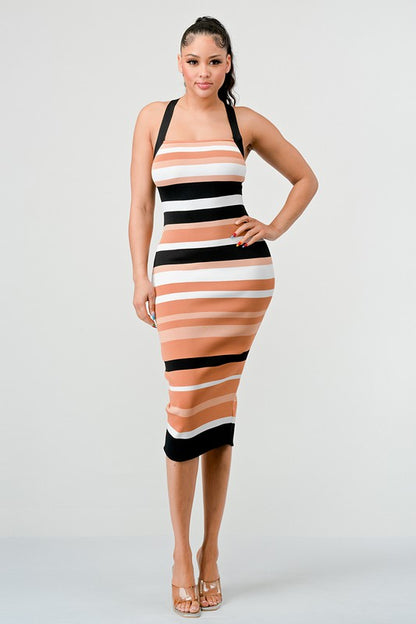 STRIPED BANDAGE MIDI DRESS