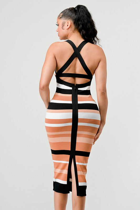 STRIPED BANDAGE MIDI DRESS