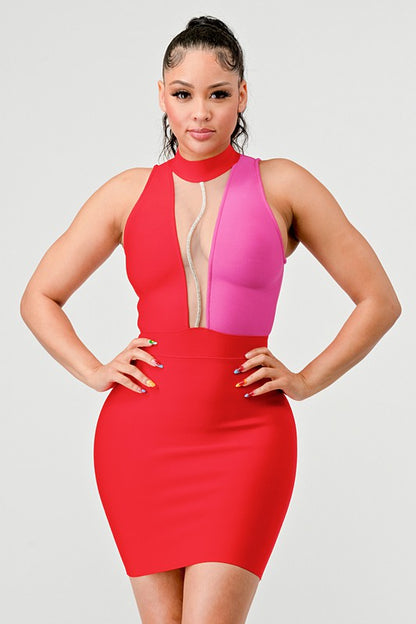 TWO TONE CONTRAST MINI BANDAGE DRESS