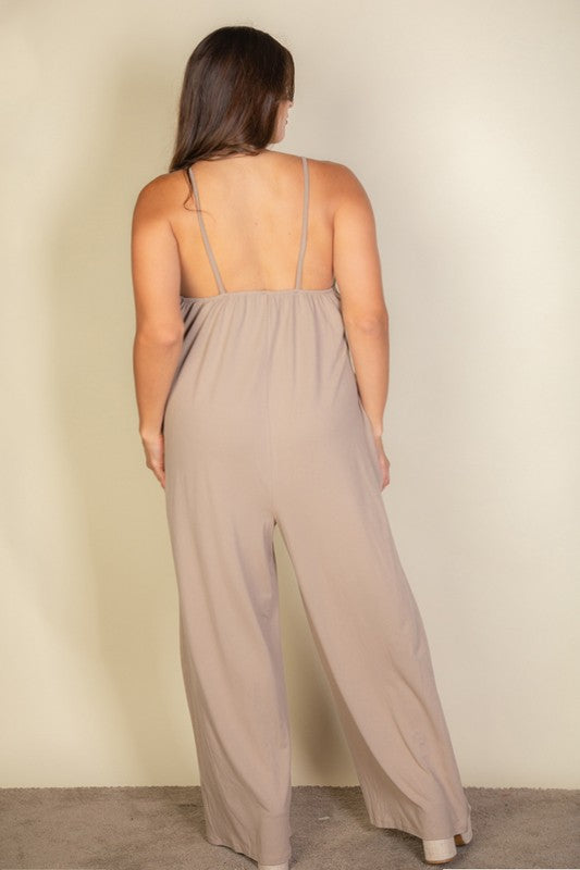 Plus Spaghetti strap solid wide jumpsuit