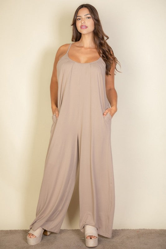 Plus Spaghetti strap solid wide jumpsuit