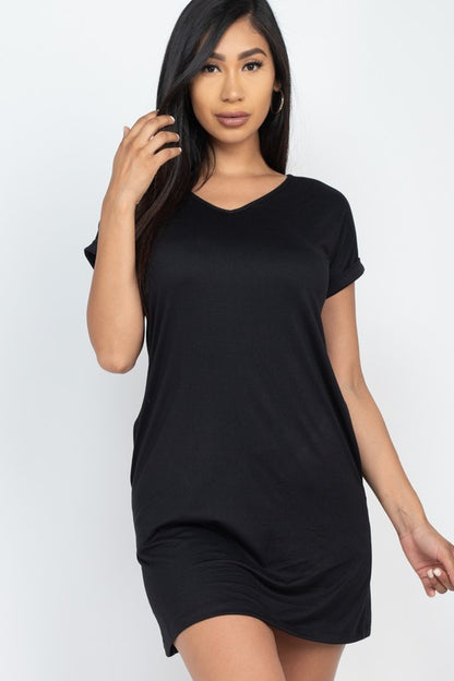 Short Cap Sleeve Pocket Mini T Shirt Dress