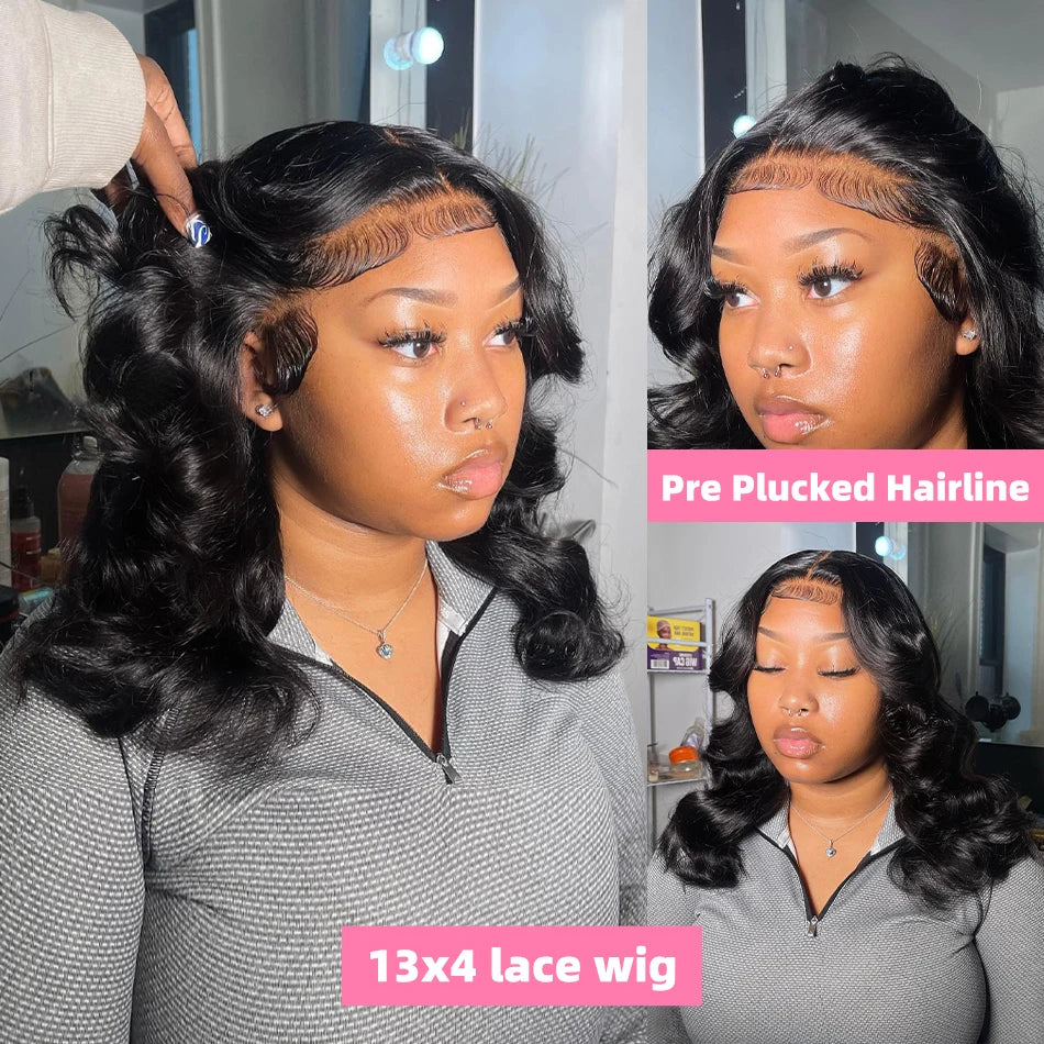 230% Density Body Wave Short Bob Wigs Human Hair 13x4 Transparent Lace ...