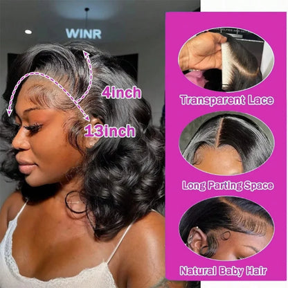 Body Wave Short Bob Wig 13x4 Lace Front Human Hair Wig 100% Brazilian Remy Hair Pre Plucked With Baby Hair 250 Density