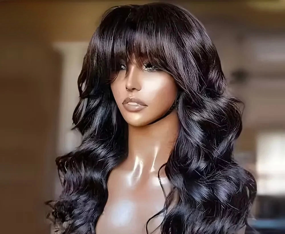 Body Wave Human Hair Wigs With Bang Wigs 3x1 Middle Part Lace Wig Loose Body Wave Brazilian Natural Color Wig