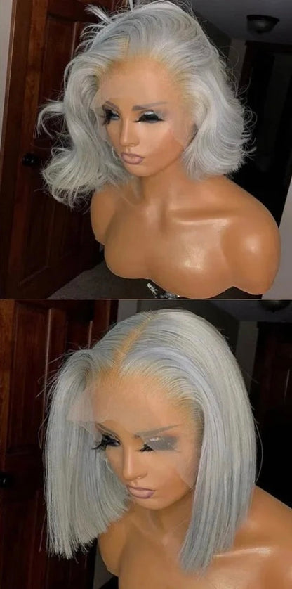 Sliver Grey Short Bob Human Hair Wigs For Women 13x4 Transparent Lace Frontal Wig Straight Brazilian Remy Hair Wig