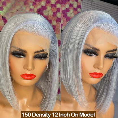 Sliver Grey Short Bob Human Hair Wigs For Women 13x4 Transparent Lace Frontal Wig Straight Brazilian Remy Hair Wig