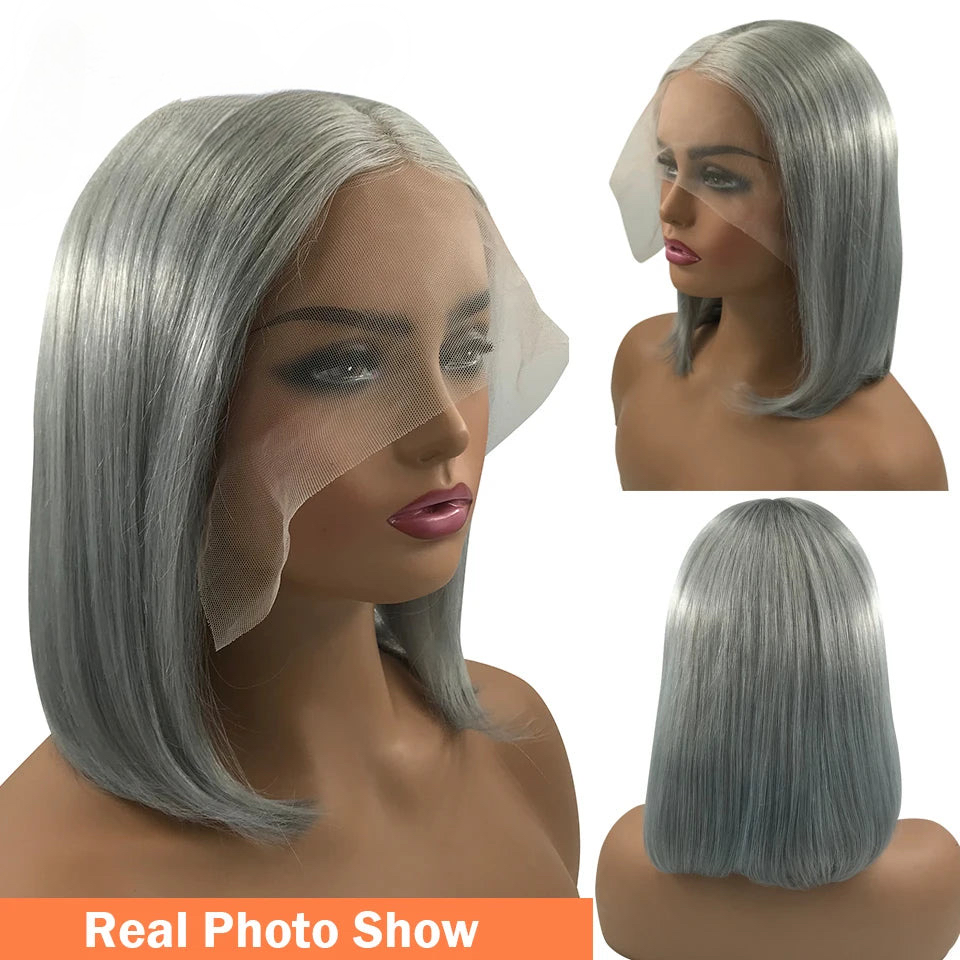 Sliver Grey Short Bob Human Hair Wigs For Women 13x4 Transparent Lace Frontal Wig Straight Brazilian Remy Hair Wig