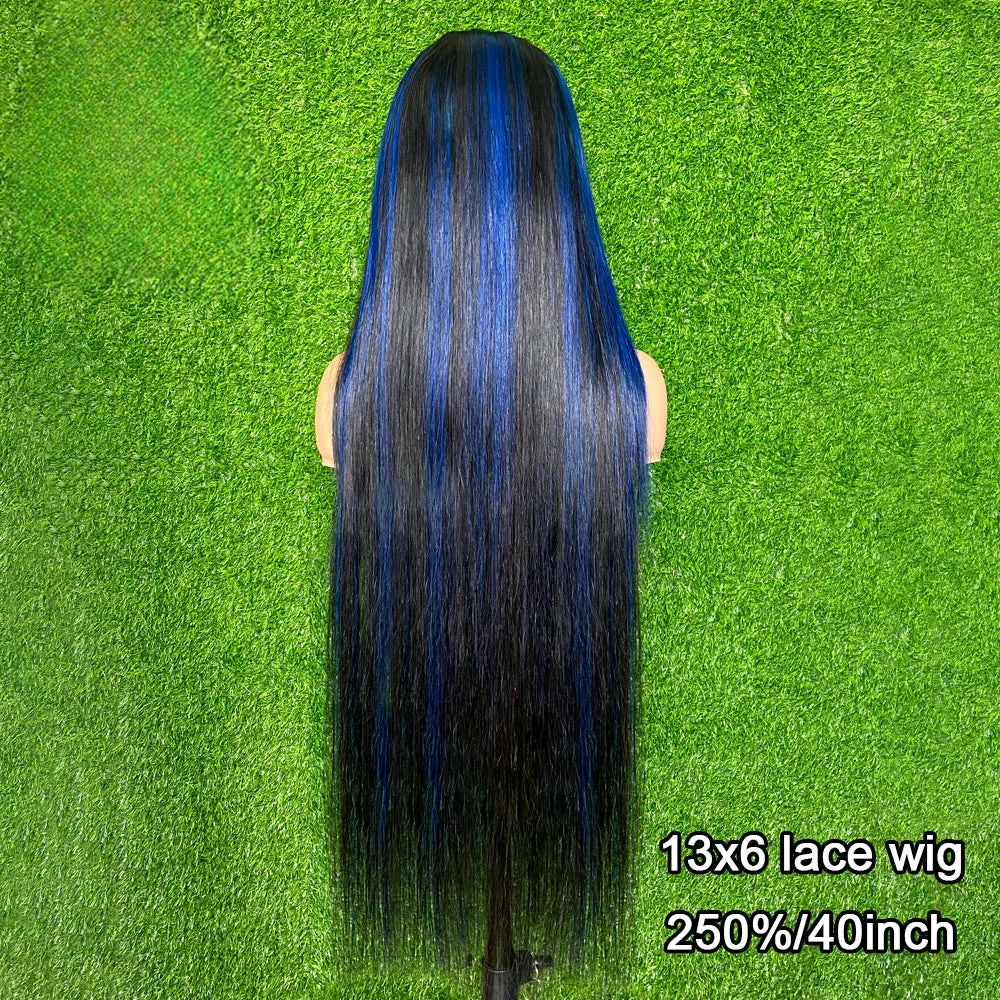 13*4 13*6 Straight Highlight Black With Blue Lace Frontal Wigs Human Hair Wig Brazilian Hair Full Lace Wigs