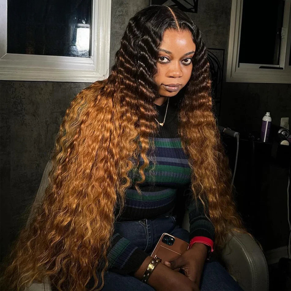 Honey Brown Omber 200% Curly Wave 13x6 Lace Front Wigs Human Hair Deep Wave 13x4 Lace Frontal Human Hair Wigs