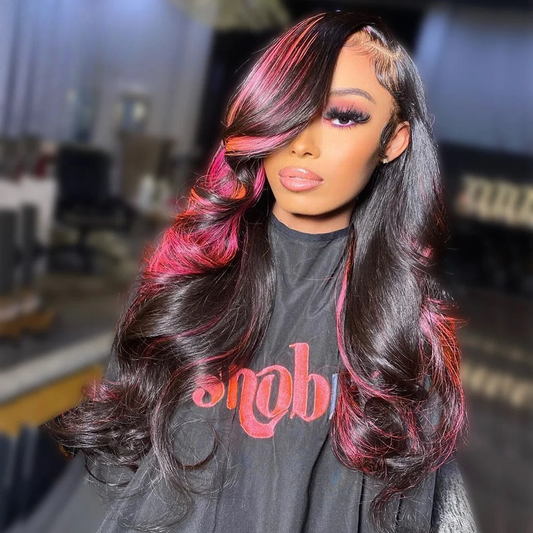 Pink Highlight 13x6 Lace Front Wig Pre-Plucked Body Wave Colored Human Hair Wigs Transparent Peruvian Remy Hair