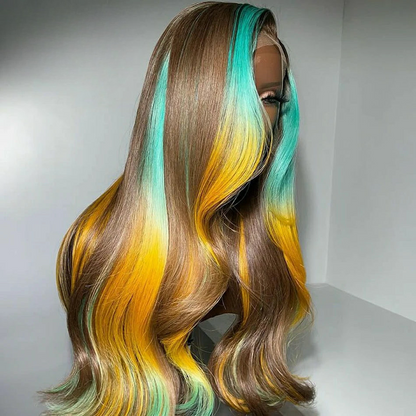Omber Yellow Blue Colored Body Wave 13x6 Lace Frontal Wig Human Hair 12A Peruvian Pre-Plucked 5x5 Transparent Lace Wig