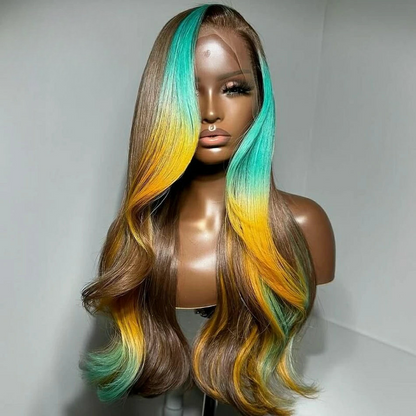 Omber Yellow Blue Colored Body Wave 13x6 Lace Frontal Wig Human Hair 12A Peruvian Pre-Plucked 5x5 Transparent Lace Wig