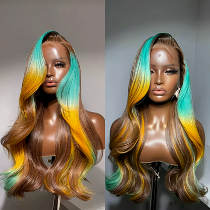 Omber Yellow Blue Colored Body Wave 13x6 Lace Frontal Wig Human Hair 12A Peruvian Pre-Plucked 5x5 Transparent Lace Wig