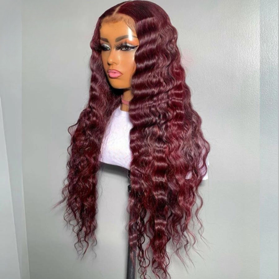 Eva Hair Burgundy Lace Front Wig 99j Deep Wave Frontal Human Glueless Wig