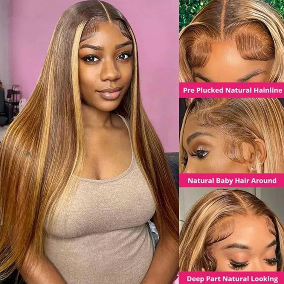 HD 13x6 Highlight Wig Human Hair Honey Blonde Brown Colored Lace Front Wigs Pre Plucked Bone Straight Lace Frontal Wig