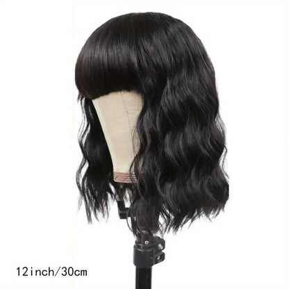 Body Wave Bob Wig With Bangs Short Human Hair Wigs 220% Density Loose Body Wave Brazilian Natural Black Color